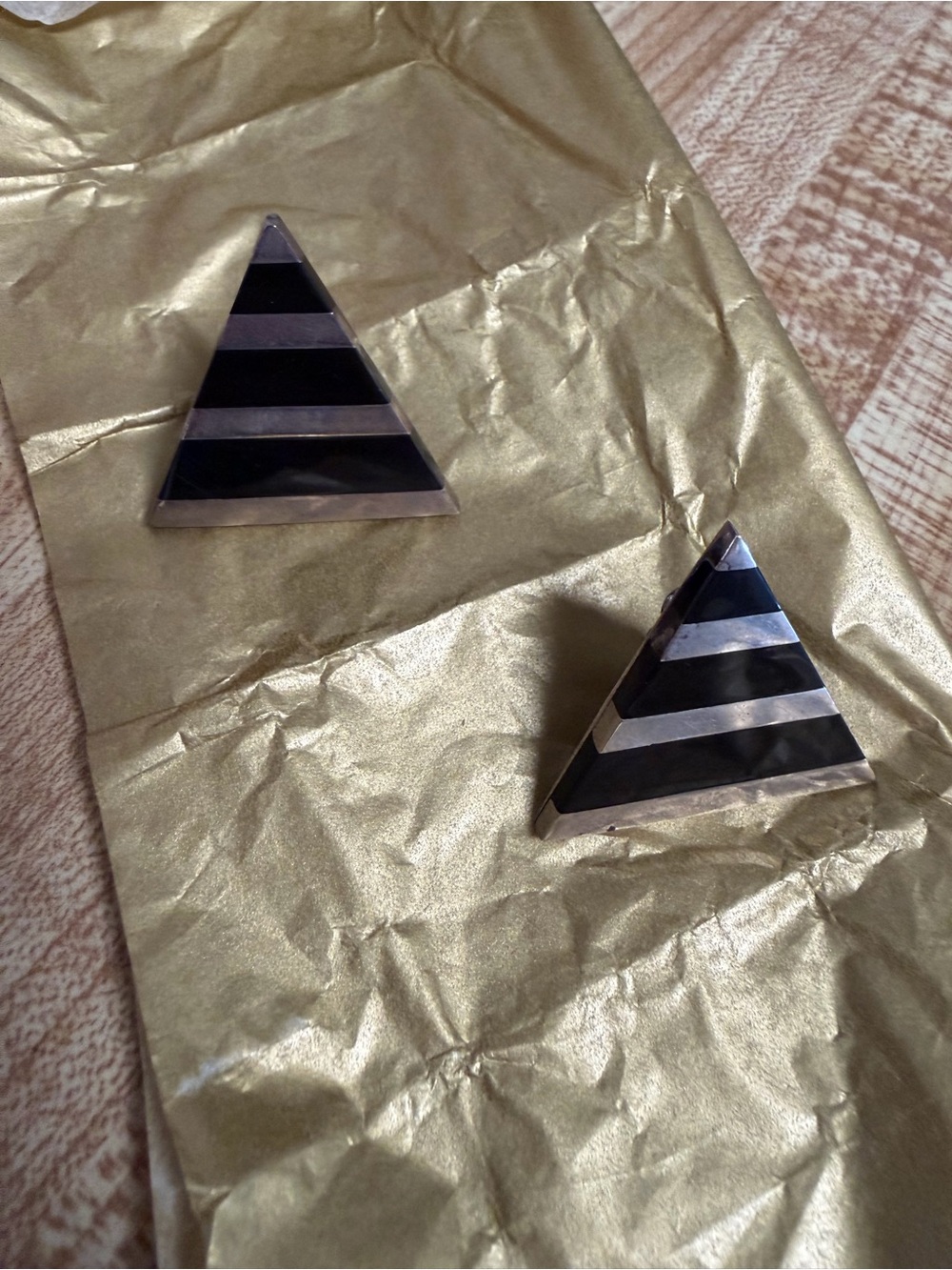 Taxco Black and Silver Striped Triangle Earrings